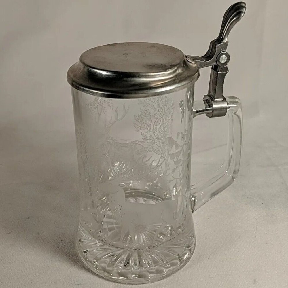 Alwe Sketched Glass Stag Deer Stein with Lid Nature Forest Scene Mug Elk Germany